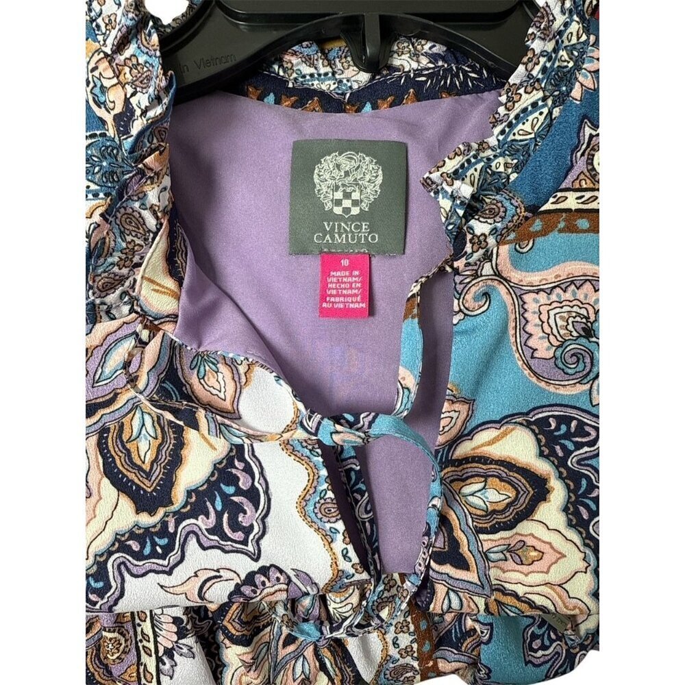 Vince Camuto Womens Blue Multi Paisley High Tie Neck Long Sleeve Dress Sz 10 New - Picture 5 of 12